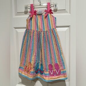 RARE TOO, Girls Rainbow Stripe Dress with Pink Polka Dot Shoulder Bows SUZE 5